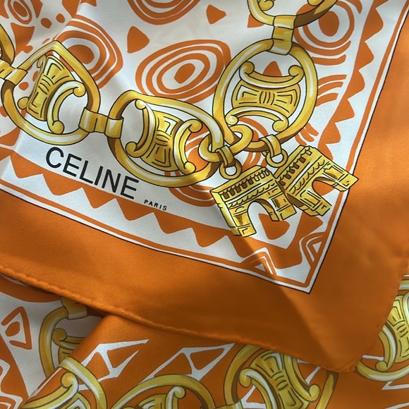 Celine Elegant Orange Silk Scarf  34”x34” - Picture 10 of 11